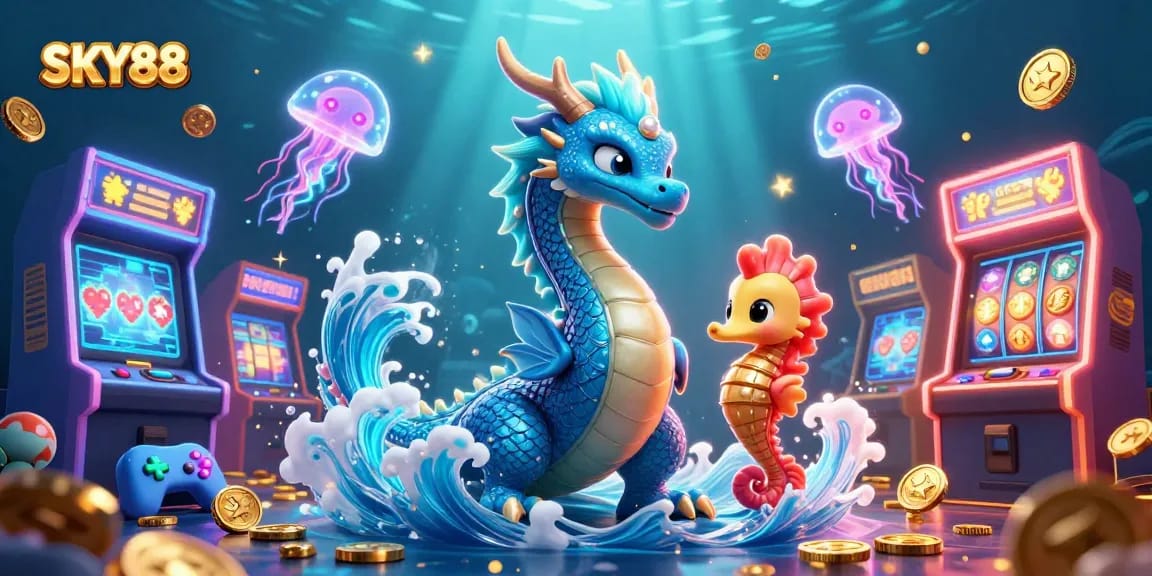 Experience the thrill of SKY88's vibrant gaming world, featuring exciting slot machines and dynamic characters.