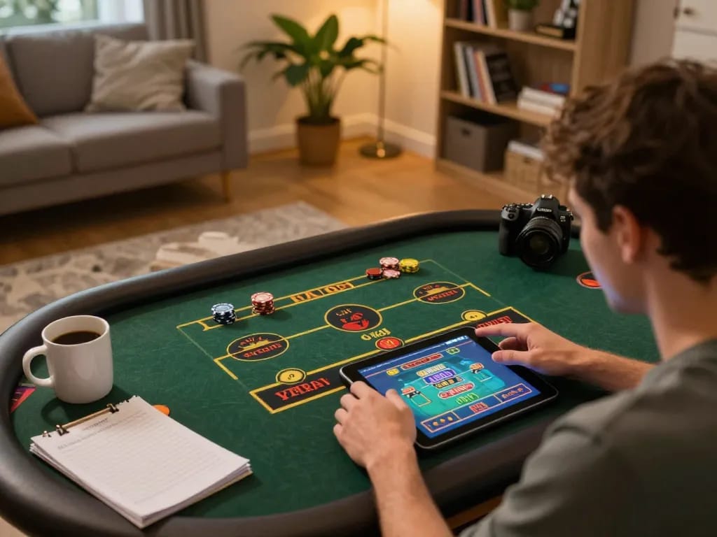 Person enjoying a live dealer game on a tablet at home, strategic planning for gg 88 gaming