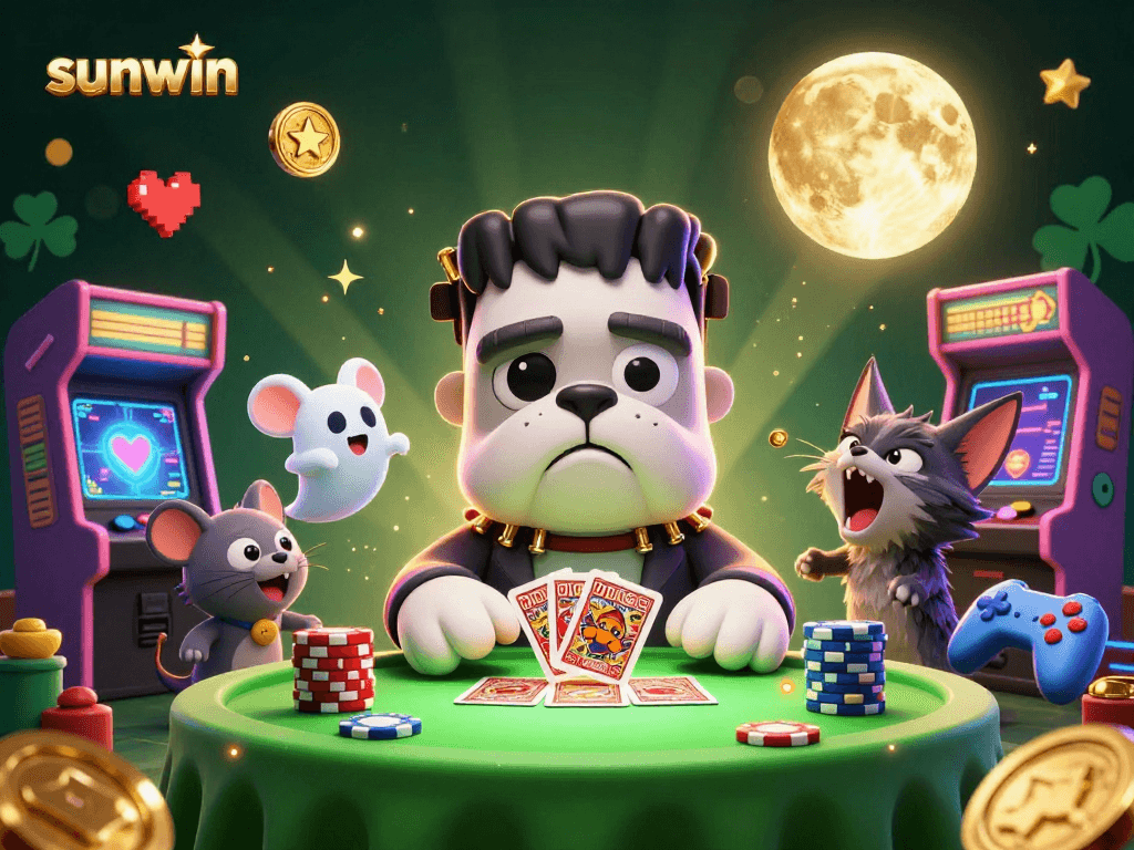 Engage in thrilling card games with sunwin's spooky 3D casino monsters at a vibrant gaming table.