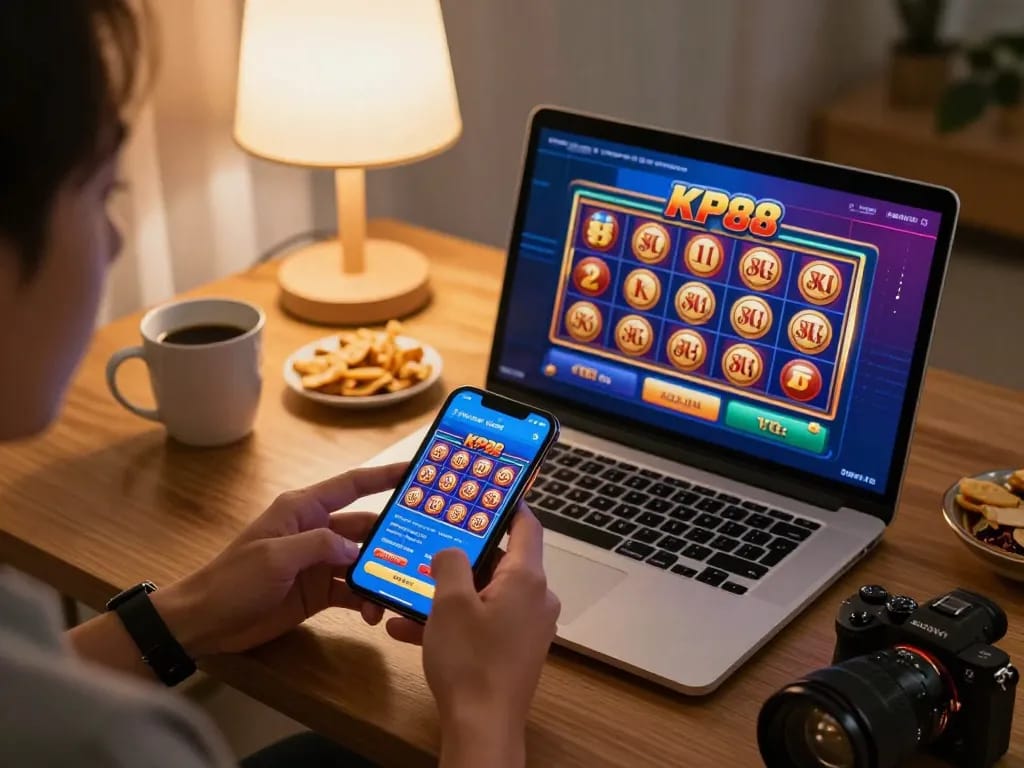 Player using the KP88 casino app on smartphone, engaging in exciting online slots.