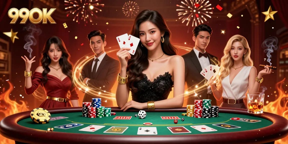 Experience the excitement of 99OK with a stunning casino illustration featuring poker and luxury.