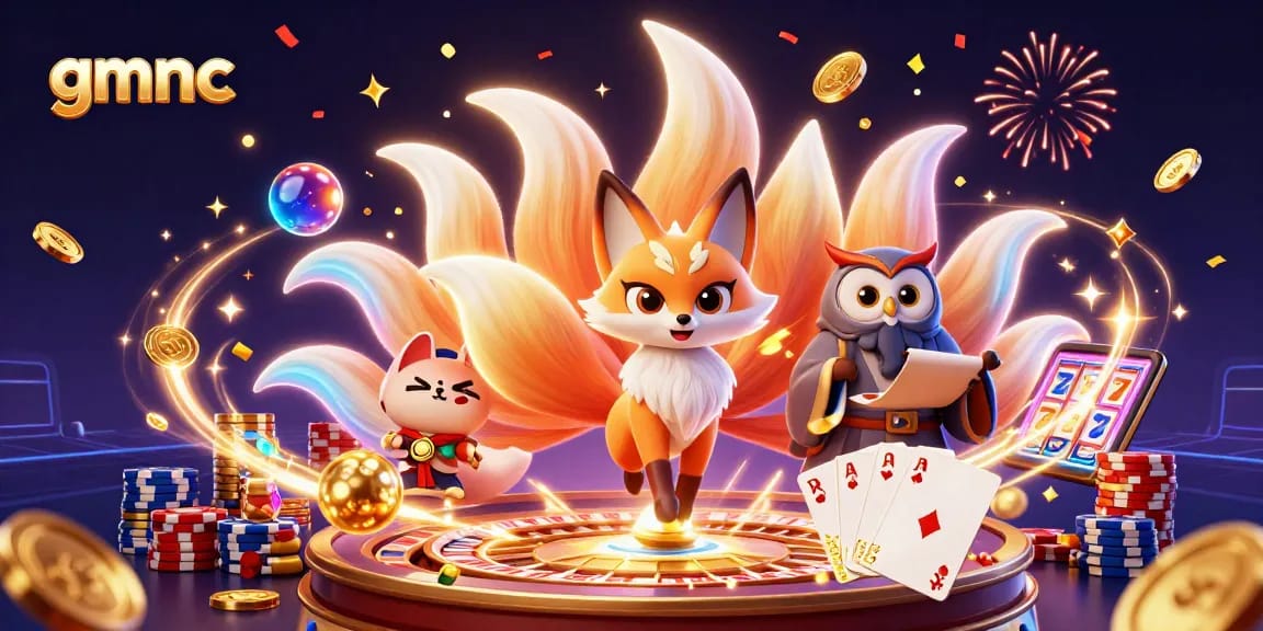 Engage with GMNC for safe online gambling, featuring vibrant casino characters, coins, and roulette.