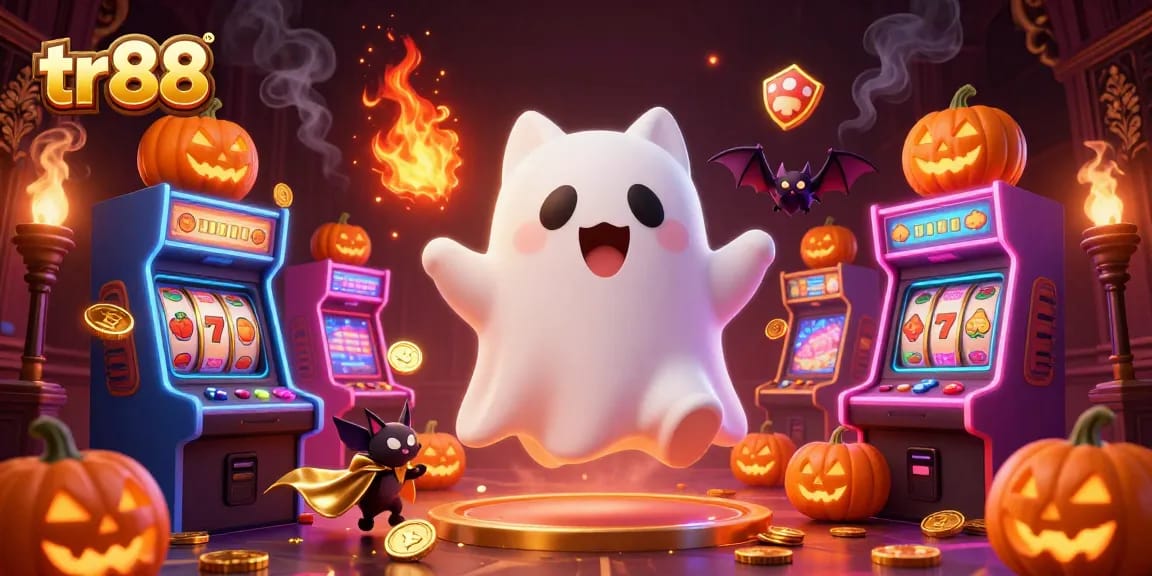 Experience the enchanting allure of tr88 with a ghost cat and vampire bat amidst dazzling slots and glowing decor.