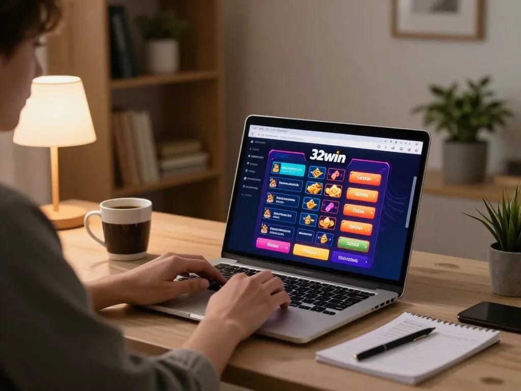 Engaging with games on 32win casino platform from a cozy home office