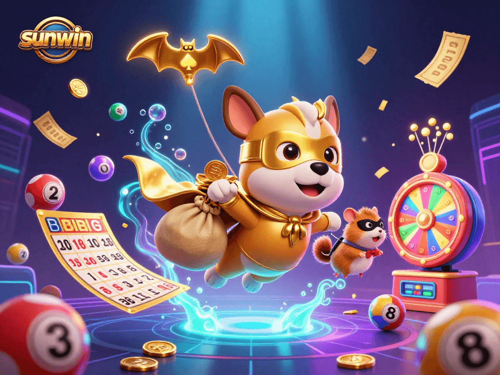 Experience the excitement of sunwin with our superhero dog and hamster amidst a thrilling casino scene.