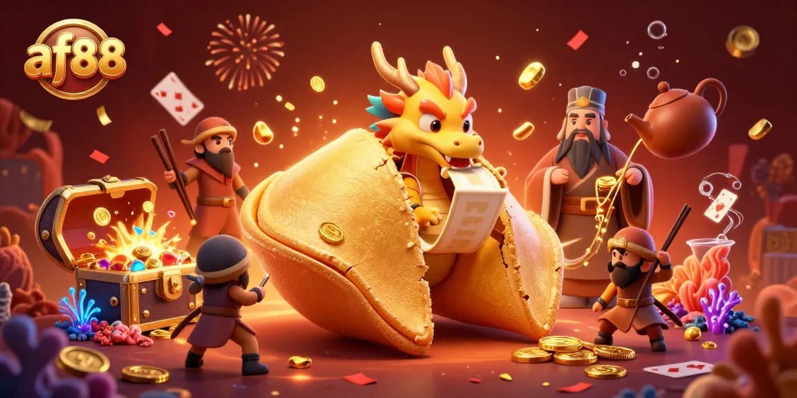 Join the adventure with af88's fortune cookie dragon guarding treasures in vibrant casino-themed illustration.