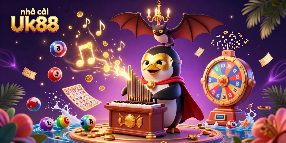 Experience luck with Nhà cái Uk88 as the penguin organist creates golden coin magic in this casino-themed illustration.