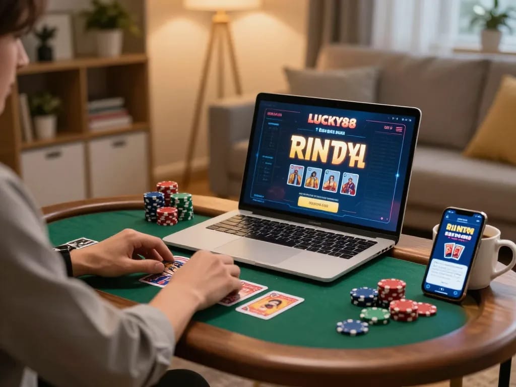 Playing online poker on lucky88 com at home with a cozy setup and warm lighting.
