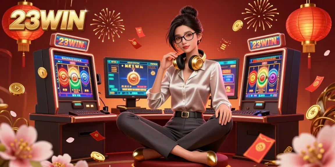 Engage with thrilling gaming moments at 23WIN's vibrant casino scene featuring slots and cherry blossoms.