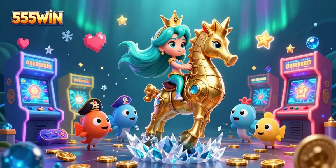 Experience the excitement of 555WIN with vibrant characters, colorful game elements, and dynamic underwater scenery.