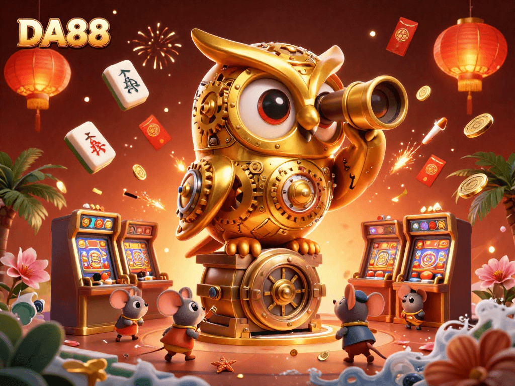 Experience the thrill at DA88's vibrant casino floor adorned with lucky symbols and a clockwork owl.