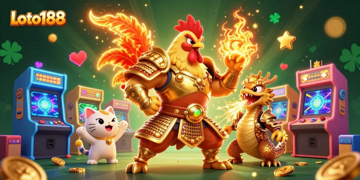 Loto188 showcases an epic battle scene with a golden-armored rooster, dragon hatchling, and gaming elements, visually representing the thrill of online gambling.