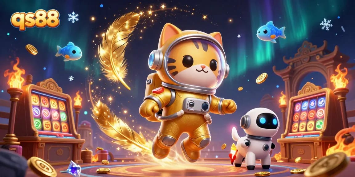 Engage in thrilling gameplay at qs88 with a vibrant 3D scene of an astronaut cat and robot dog amidst slot machines.