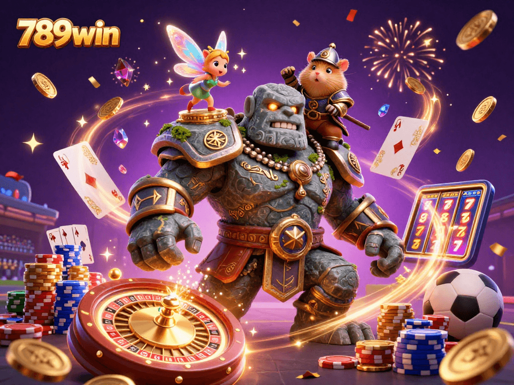 Win exciting sports bets with 789win as vibrant fantasy characters engage in thrilling casino action.