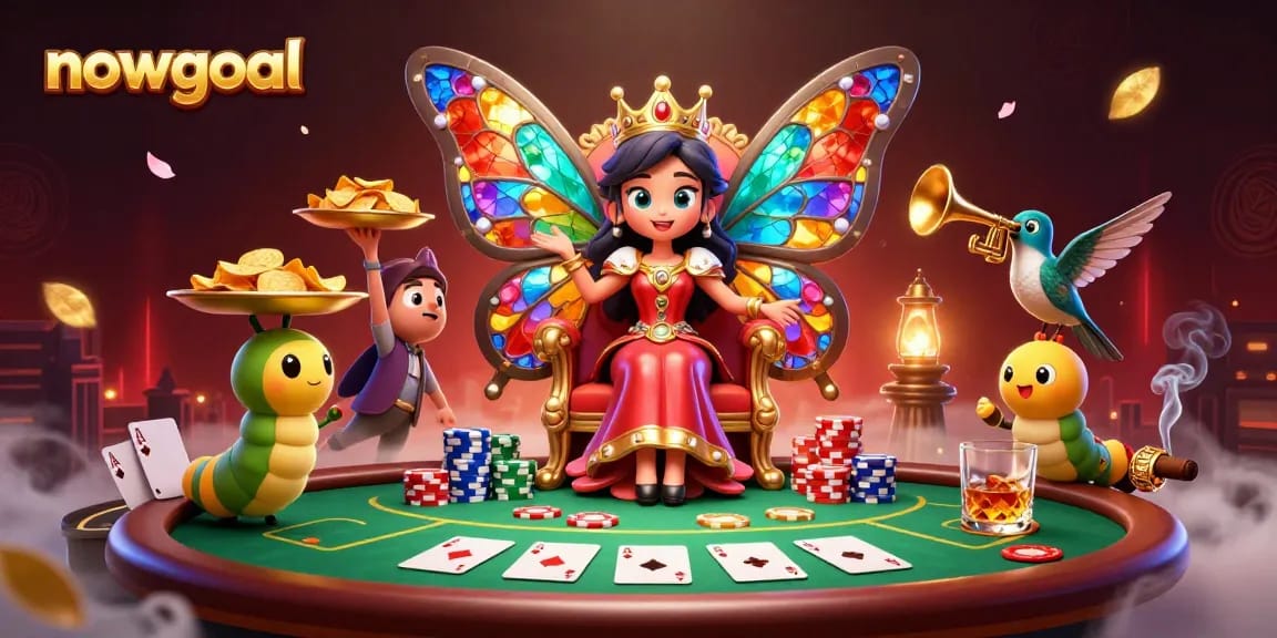 Play poker at nowgoal with captivating butterfly queen and colorful chips.