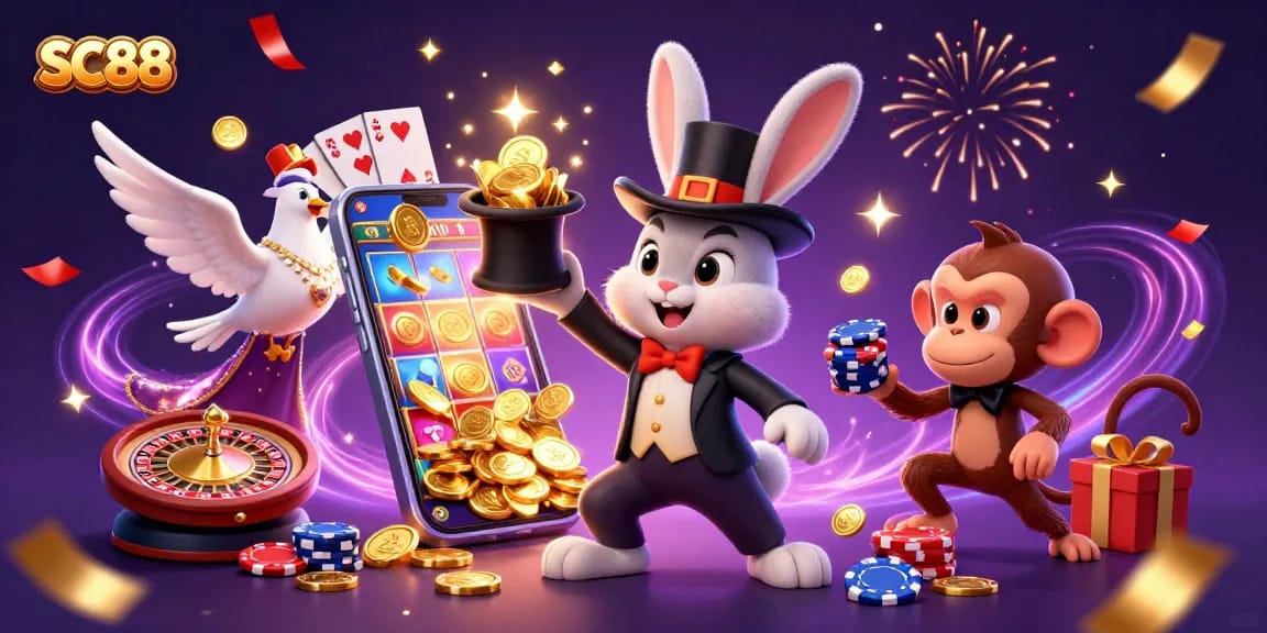 Engage with SC88's thrilling world of magical casino adventures featuring a magician rabbit, dove, and monkey.