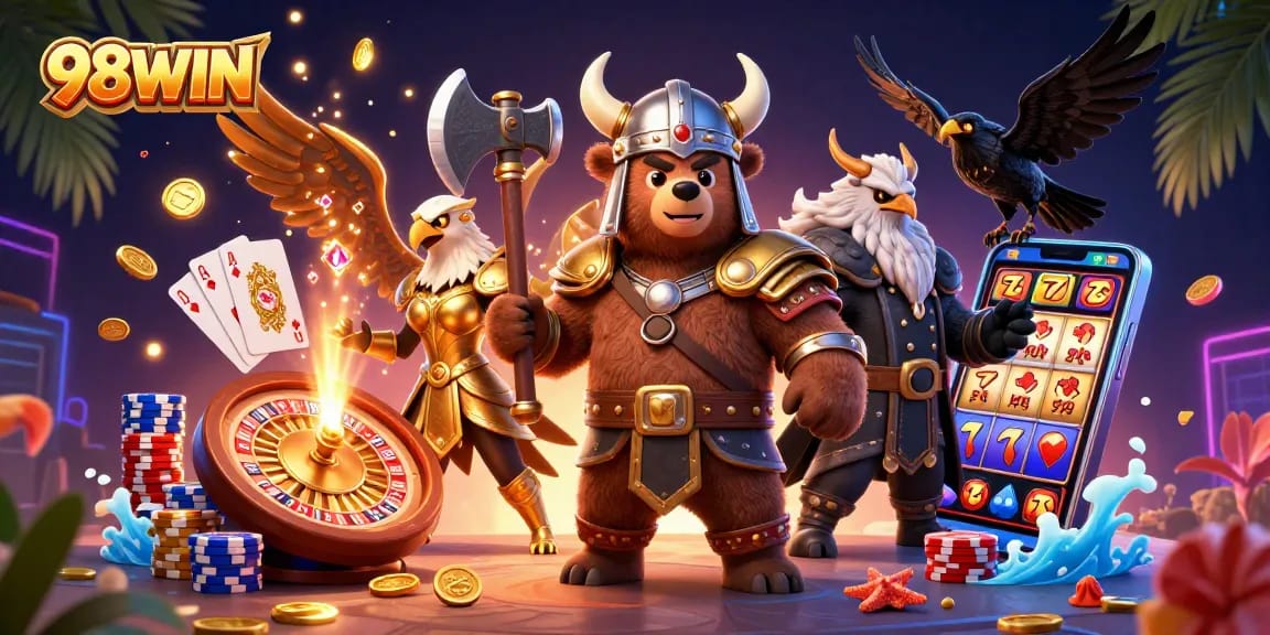 Win big at 98WIN with a vibrant scene of Viking characters amidst exciting casino elements!