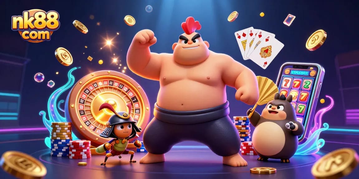 Experience thrilling gameplay at nk88 com with an action-packed casino illustration featuring vibrant characters.