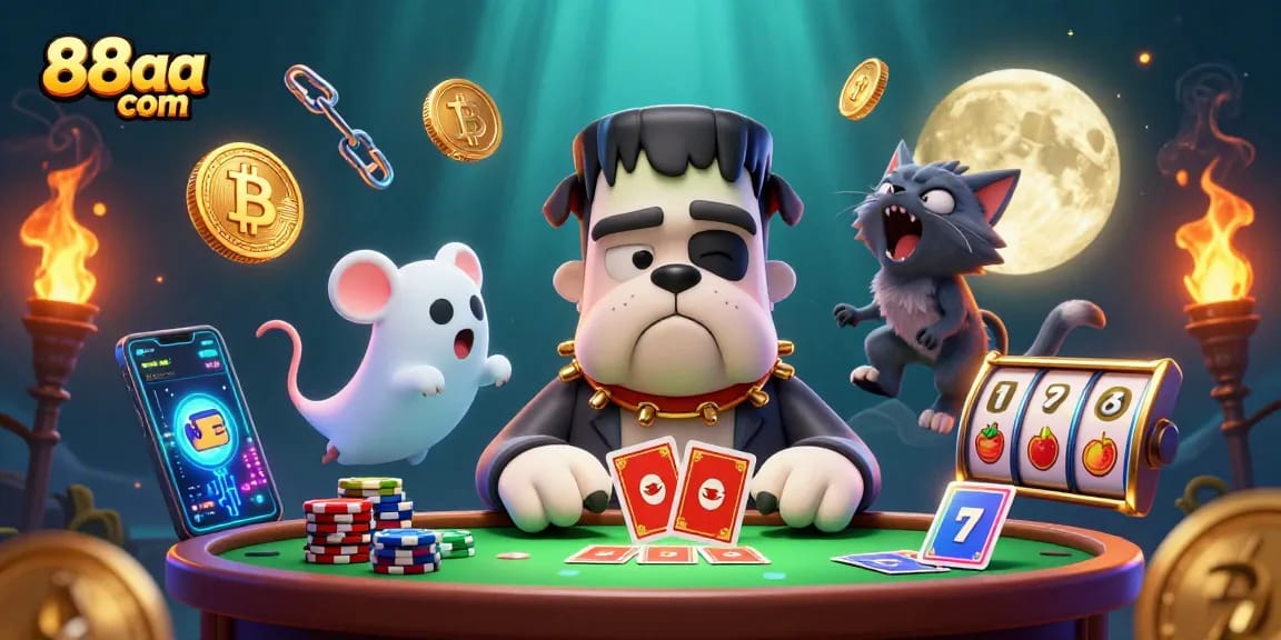 Engage with thrilling casino action at 88aa com featuring a Frankenstein bulldog dealer, ghostly chips, and crypto elements.