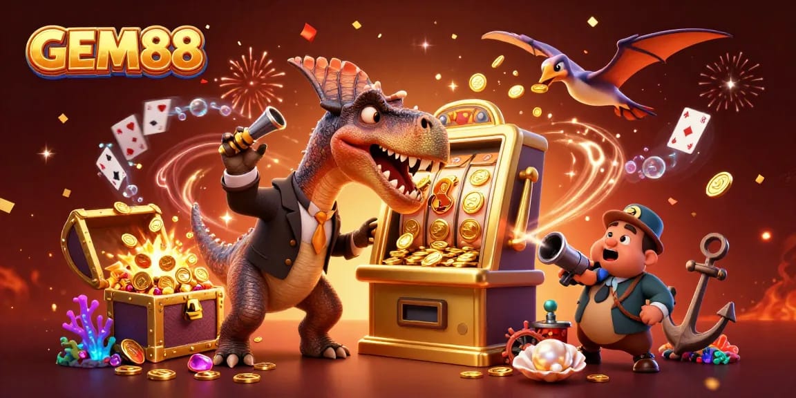 GEM88 showcases a joyful jackpot scene with creatures celebrating winnings and golden coins raining down.