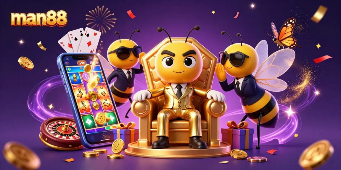 Spin the reels at man88 with a fun character-driven illustration of a casino scene.