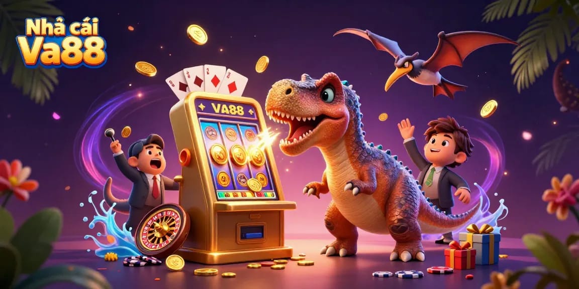 Experience the thrill at Nhà cái Va88 with a pachycephalosaurus winning a slot jackpot, surrounded by casino excitement.