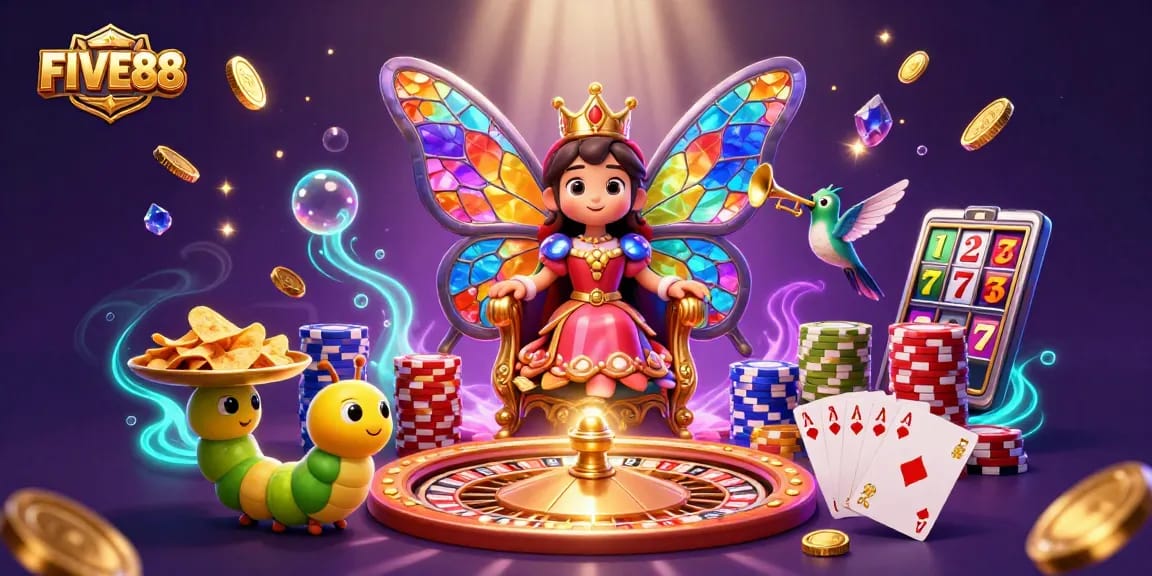 Experience the magic of FIVE88 with vibrant 3D casino characters and stunning game elements.