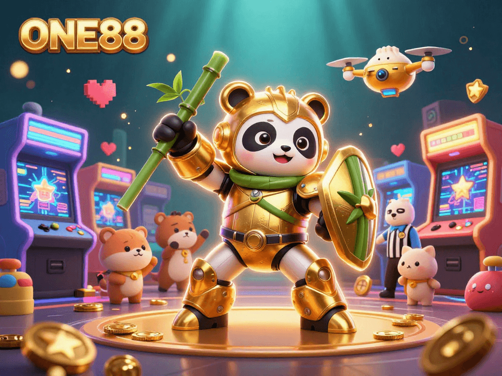 Experience the excitement at ONE88 with a dynamic gaming arena featuring an interactive mech-suit panda and vibrant casino elements.