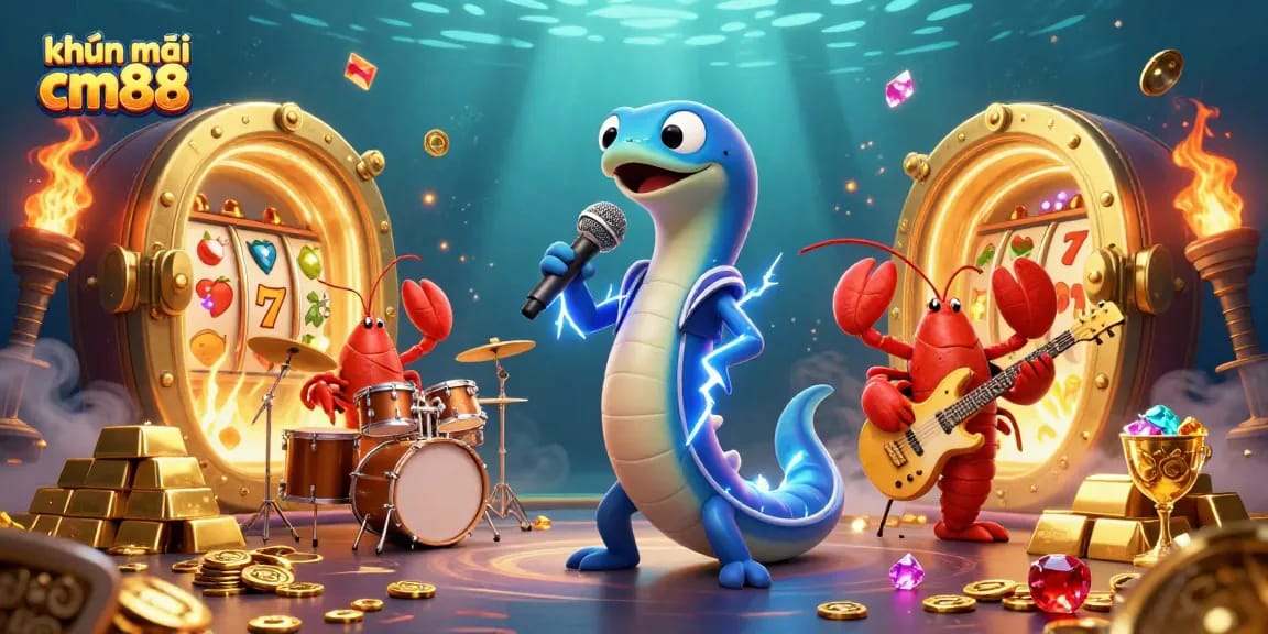 Experience the khuyến mãi cm88 in a vibrant underwater casino scene with electrifying characters.