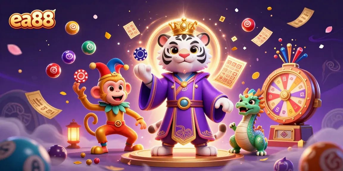 Experience the excitement of ea88 with vibrant lottery elements, a royal tiger, and a playful monkey.