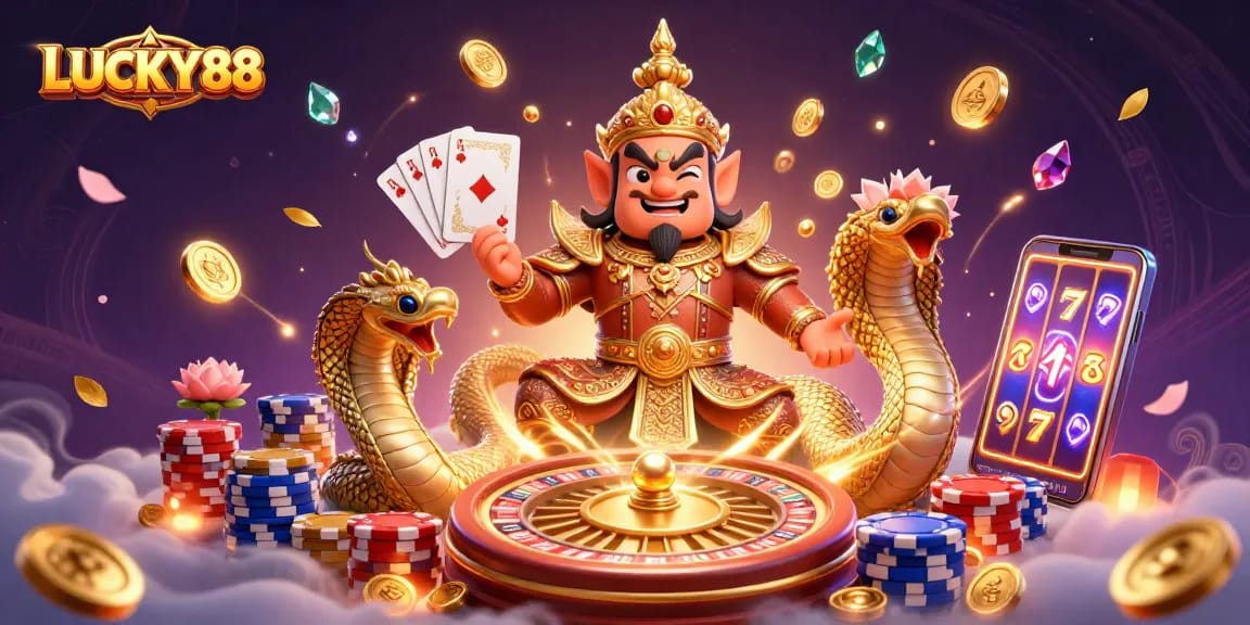 LUCKY88 showcases thrilling casino action with vibrant characters and an engaging gaming atmosphere.