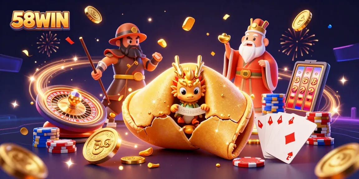 58WIN brings excitement with a dynamic casino scene featuring a golden fortune cookie and vibrant game elements.