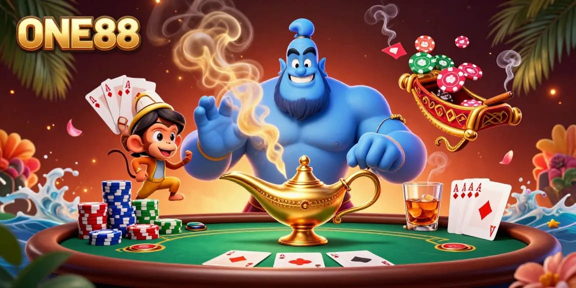 Experience the thrill of ONE88 with an engaging illustration of a genie, monkey, and poker action.