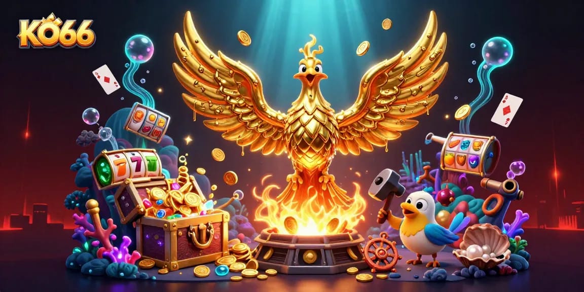 Experience thrilling gameplay at KO66 with a vibrant 3D illustration showcasing jackpot elements.