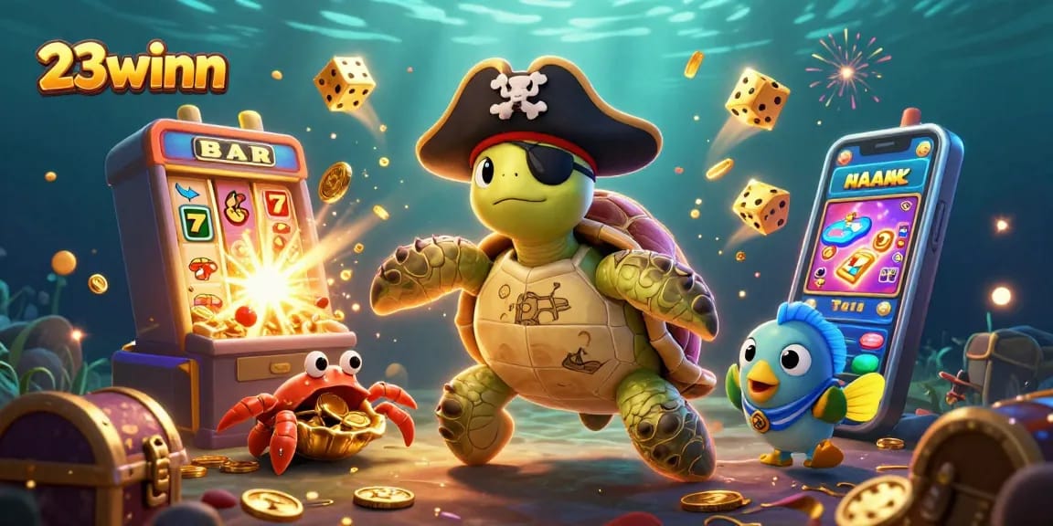 Join the adventure with 23winn's fun pirate turtle amidst casino chaos and treasure!