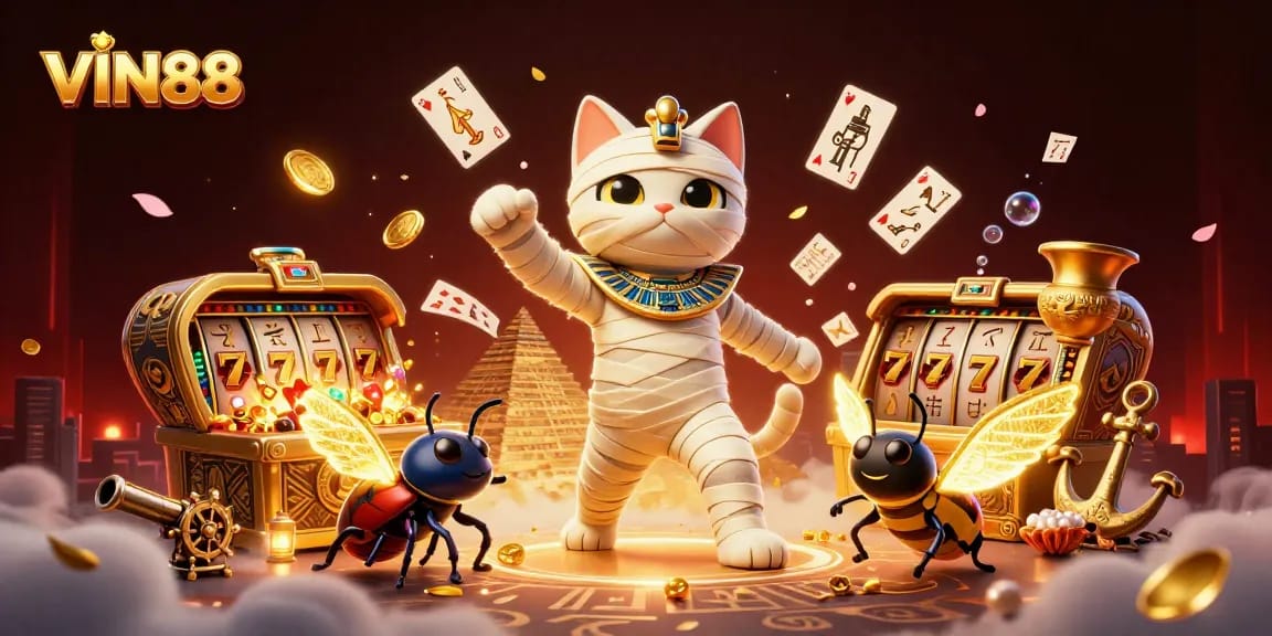 Engage with VIN88's thrilling gaming experience featuring a cartoon mummy cat and treasure galore.