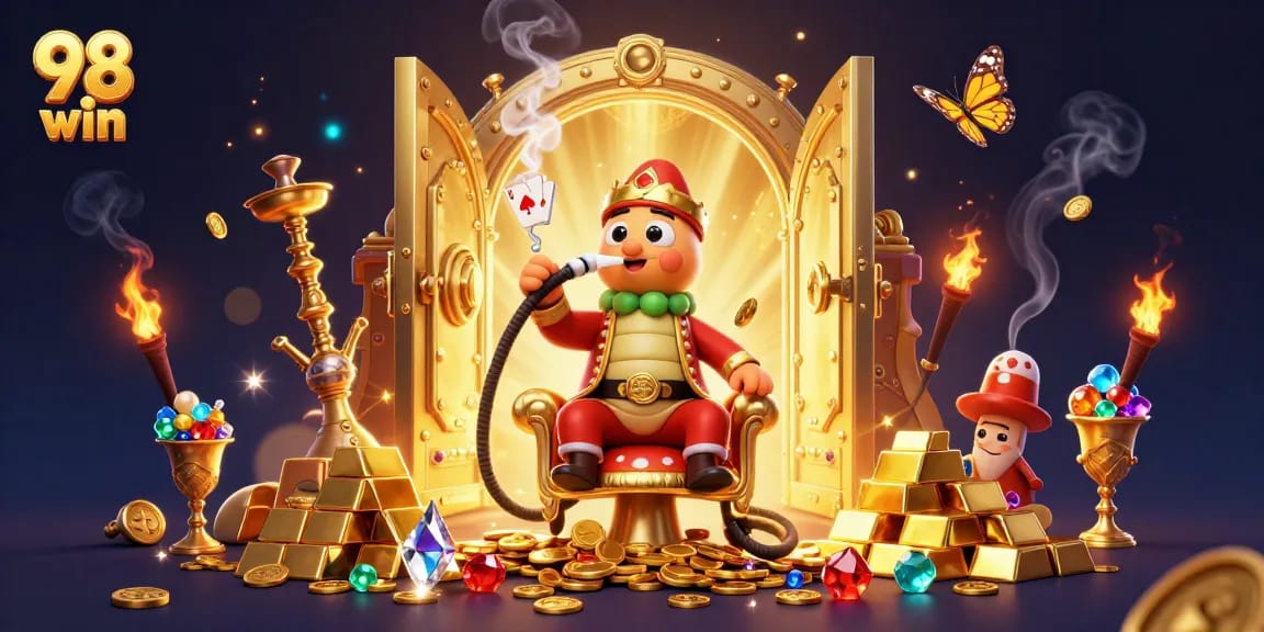 Engage with thrilling gameplay at 98 win through the vibrant 3D casino illustration featuring rich treasures and game symbols.