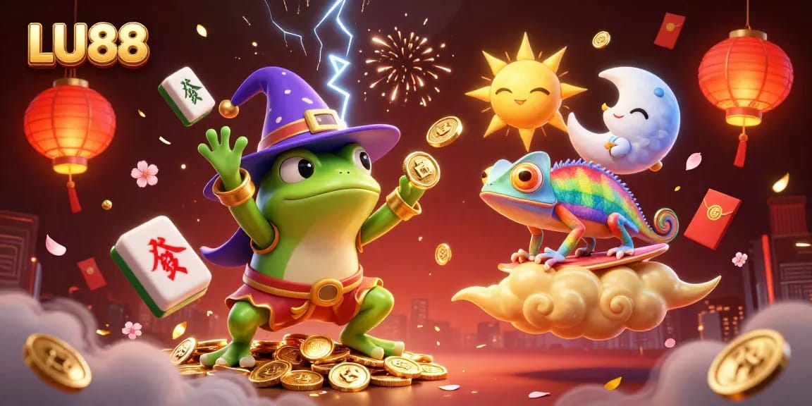 LU88 engages players with a vibrant scene of a wizard frog amidst gold coins and lucky symbols in a dynamic casino setting.