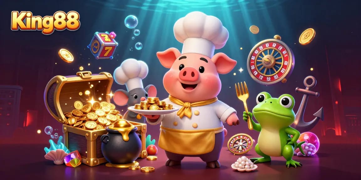 King88 thrives with vibrant riches, showcasing a 3D chef pig and friends celebrating fortune in a lively casino