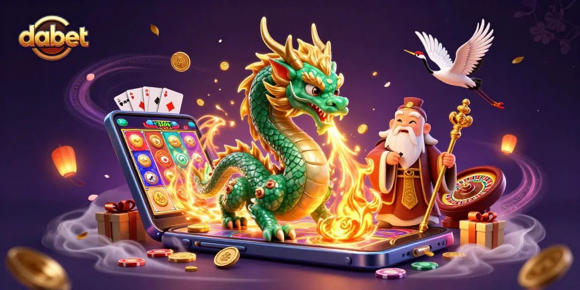 DABET showcases thrilling gaming action with a vibrant dragon and charming characters in a lively casino scene.