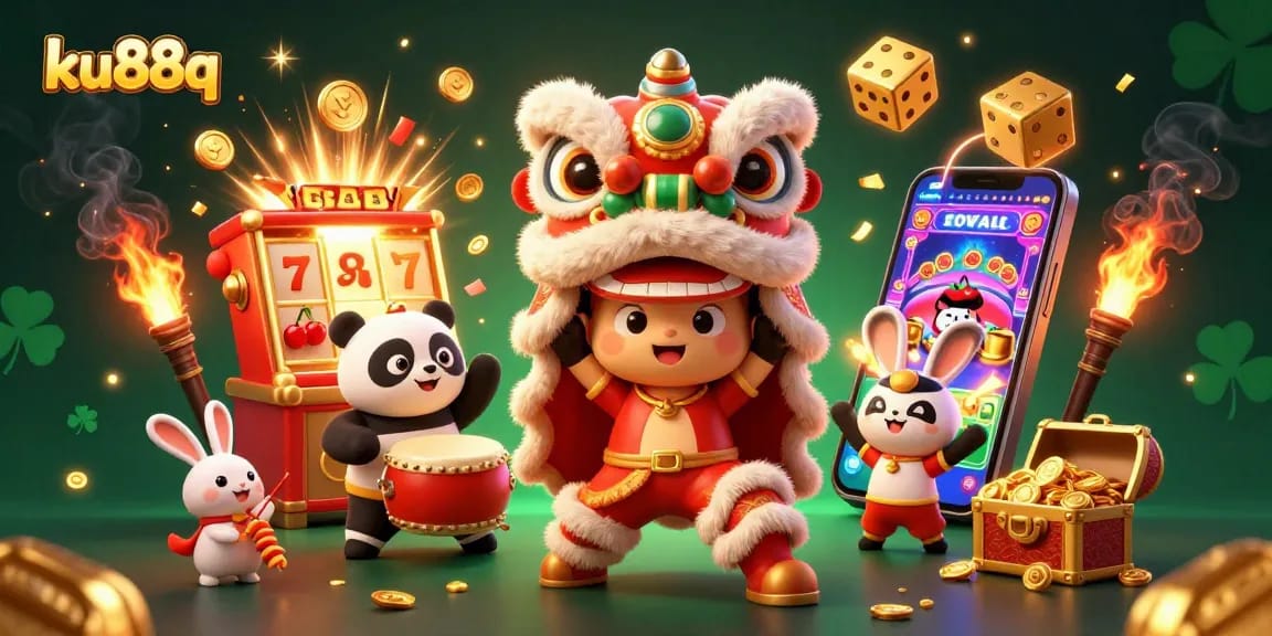 Experience thrilling gameplay at ku88q with an exciting lion dance and jackpot explosion in a vibrant casino scene.