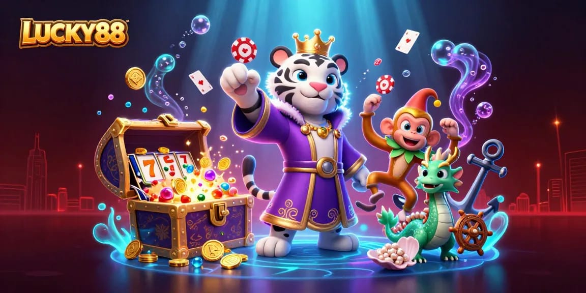 Win big with LUCKY88 in a vibrant, playful casino scene full of exciting game elements.
