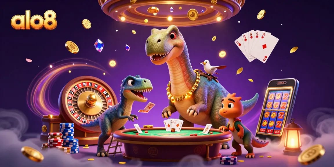 Experience thrilling gameplay at alo8 inside a vibrant casino with dinosaurs and dazzling game elements.