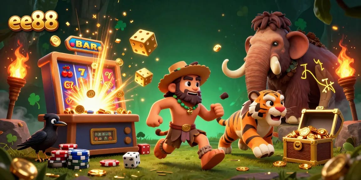 Spin the reels at ee88's prehistoric casino with a lively caveman duo and thrilling jackpots.