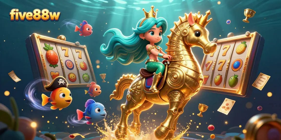 Win big with five88w in a vibrant 3D casino scene featuring mermaids and slot reels!