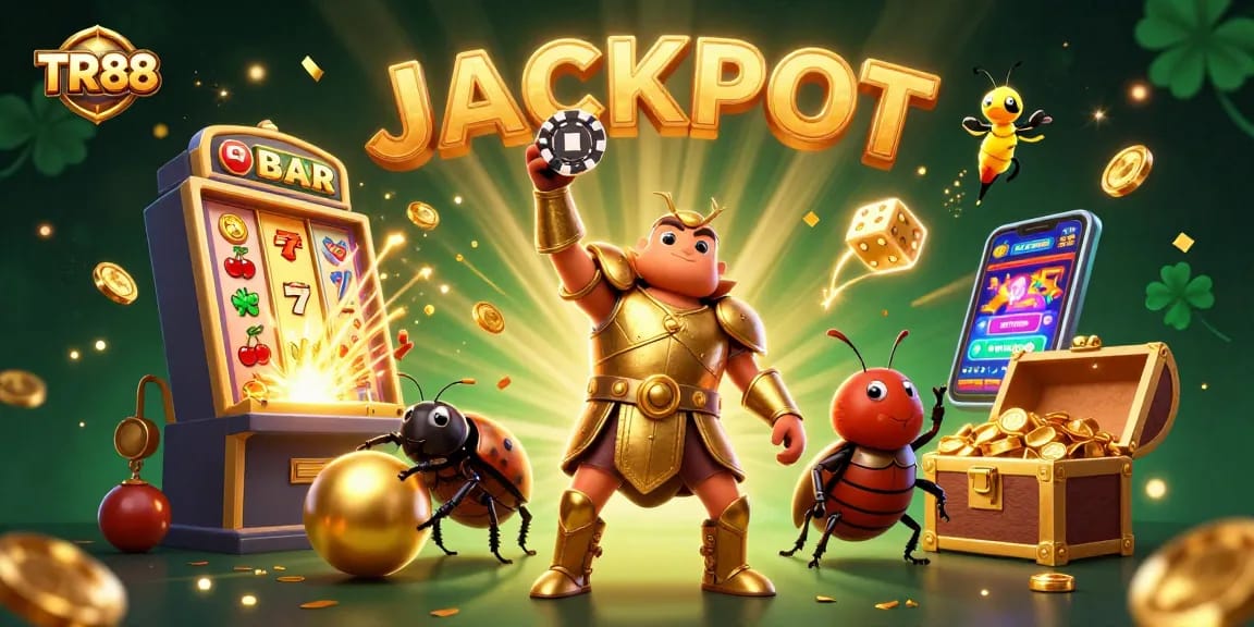 Experience the jackpot excitement at TR88 with a dynamic 3D casino illustration showcasing thrilling gaming elements.