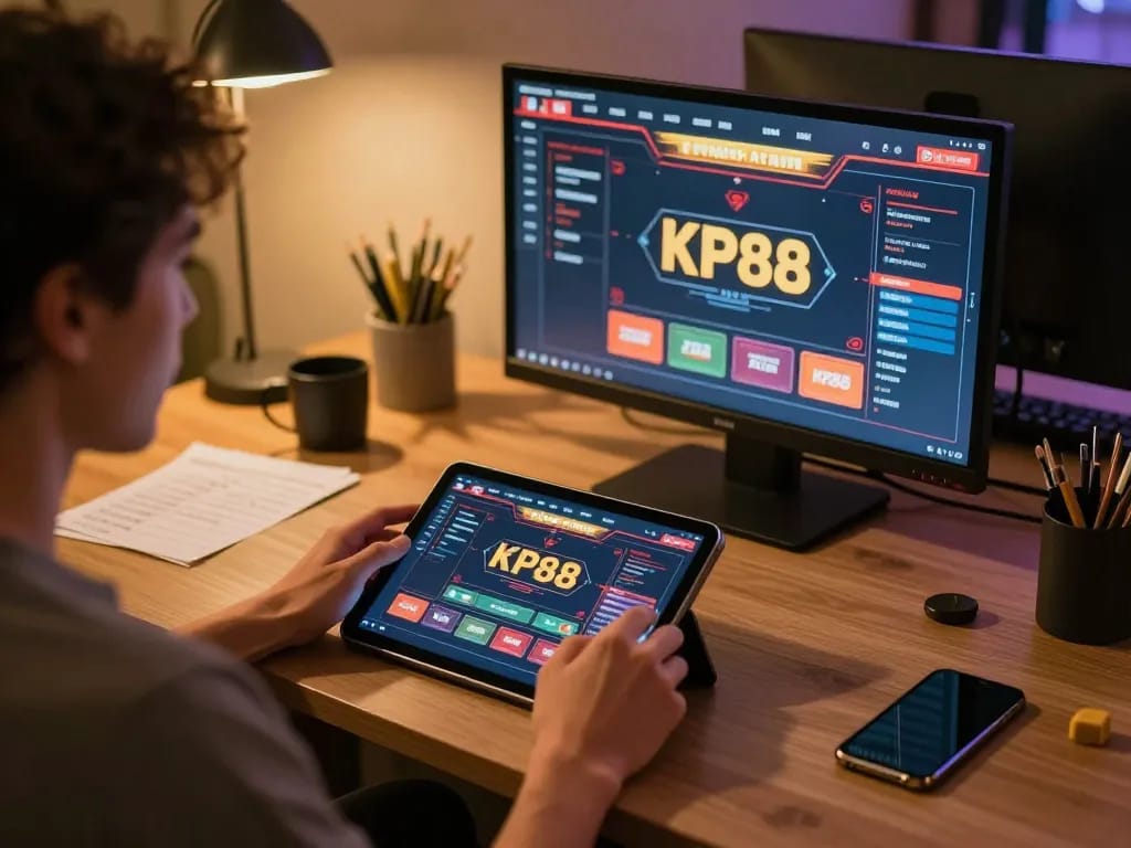Engaged player exploring KP88 app on tablet, showcasing online casino interface in cozy environment