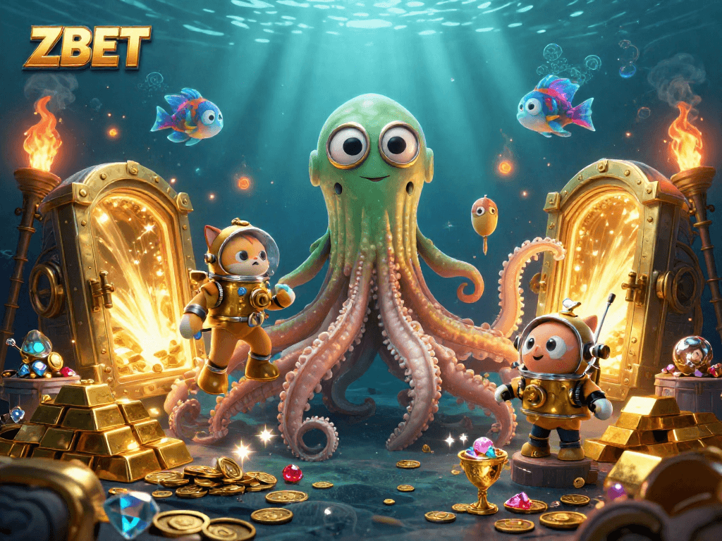 ZBET transforms gameplay with vibrant treasures and an engaging kraken adventure in a casino.