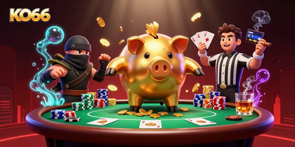 KO66 showcases a dynamic poker showdown featuring a golden piggy bank sumo wrestler, animated with coins falling around.