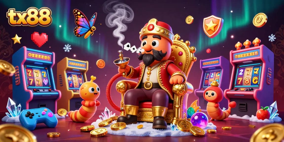 tx88 showcases a vibrant casino-themed illustration featuring a hookah-master and game elements.